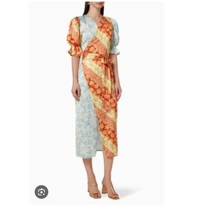 Never Fully Dressed Indi Spliced‎ Patchwork Floral Wrap Dress Puff Sleeve Size 6